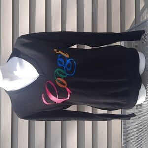COOGI Rainbow Embroidered Spell Out Logo Black V-neck Sweater